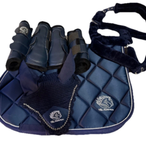 COMBO (SATIN JUMPING STANDARD SIZE SADDLE PAD+CRYSTAL FLY VEIL+ 4 PCS LEG GUARD+ THICK MINK FUR FULL COVERED HALTER) )