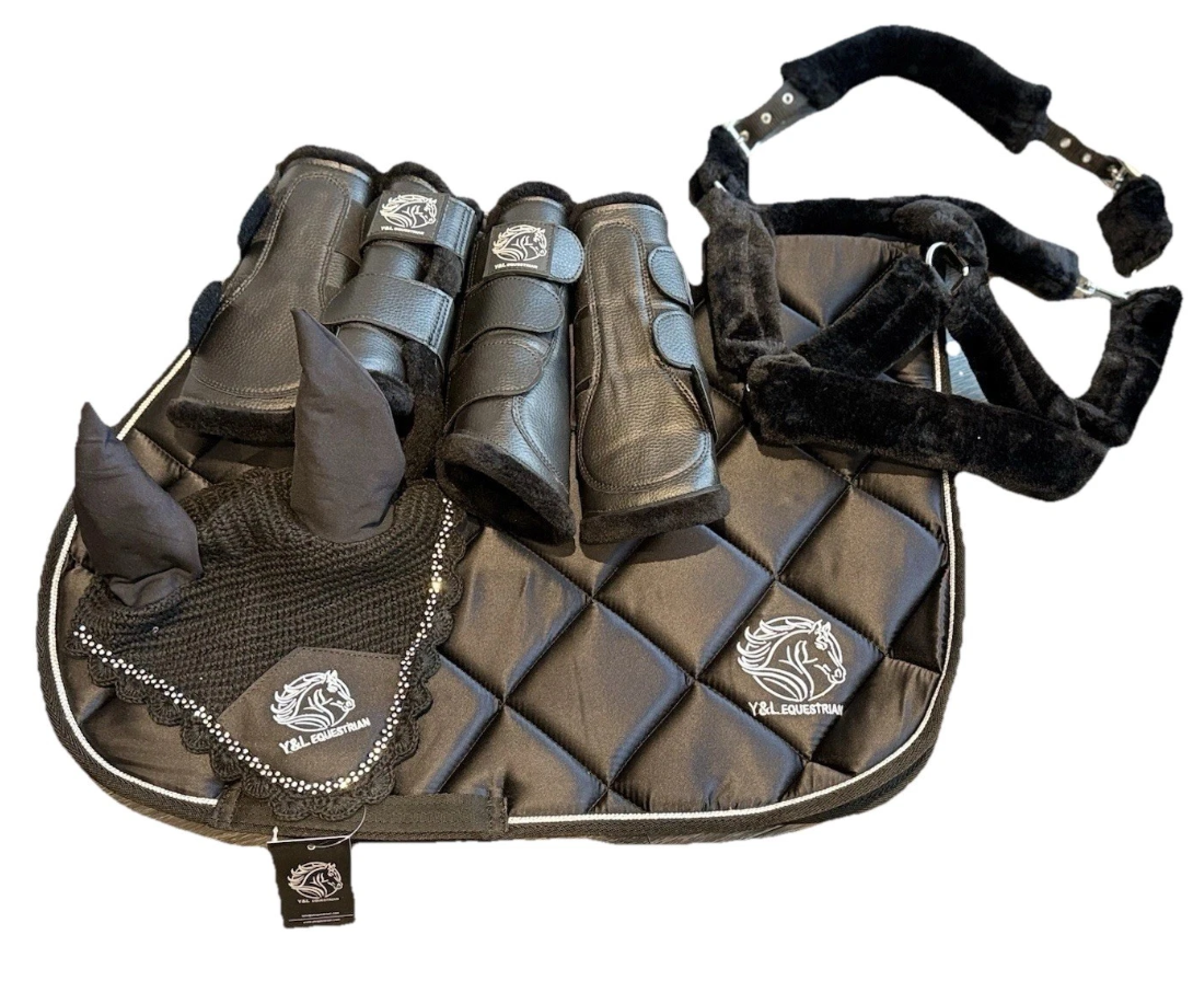 COMBO (SATIN JUMPING STANDARD SIZE SADDLE PAD+CRYSTAL FLY VEIL+ 4 PCS LEG GUARD+ THICK MINK FUR FULL COVERED HALTER) ) - Image 9