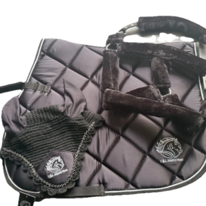 SET ((SATIN JUMPING STANDARD SIZE SADDLE PAD+THICK MINK FUR HALTER FULL COVERED +CRYSTAL VEIL))